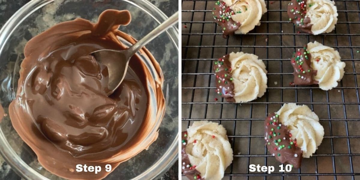 Photos showing how to dip the cookies in melted chocolate.