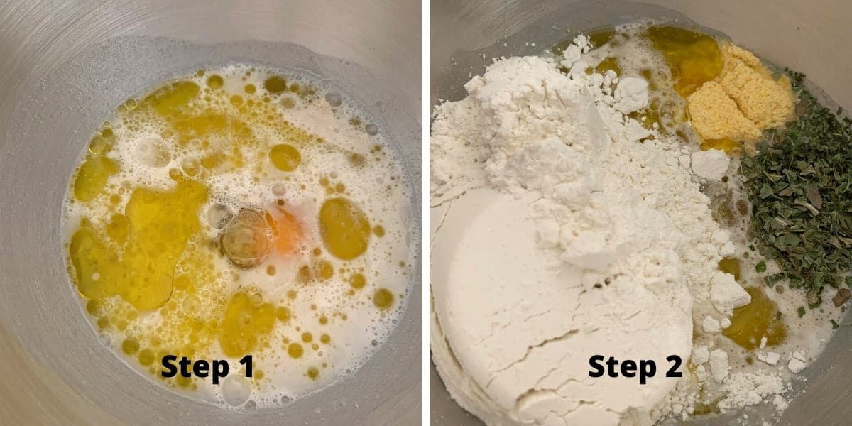 Photos of mixing the wet and dry ingredients and then mixing them together.