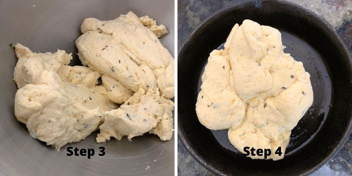 Photos showing the pizza dough and pressing it into the cast iron skillet.